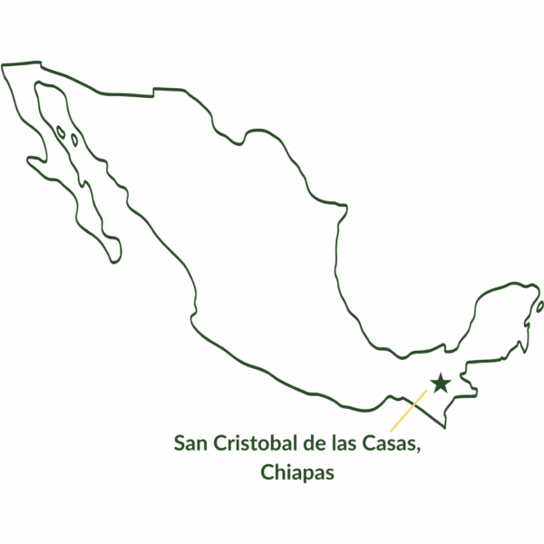 Outline of Mexico with a star pointing out San Cristobal de las Casas, Chiapas in the bottom right of the country.
