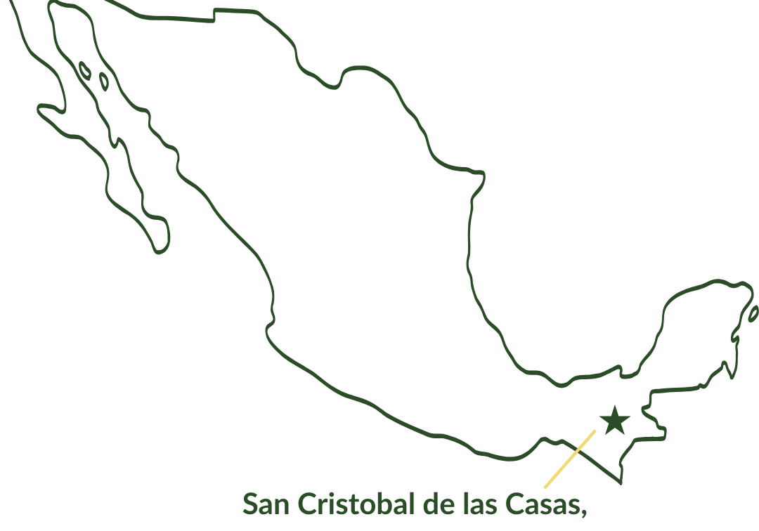 Outline of Mexico with a star pointing out San Cristobal de las Casas, Chiapas in the bottom right of the country.